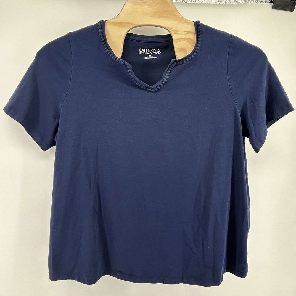 Catherines Suprema Womens 1X Navy Blue‎ V-Neck Short Sleeve Pullover Top